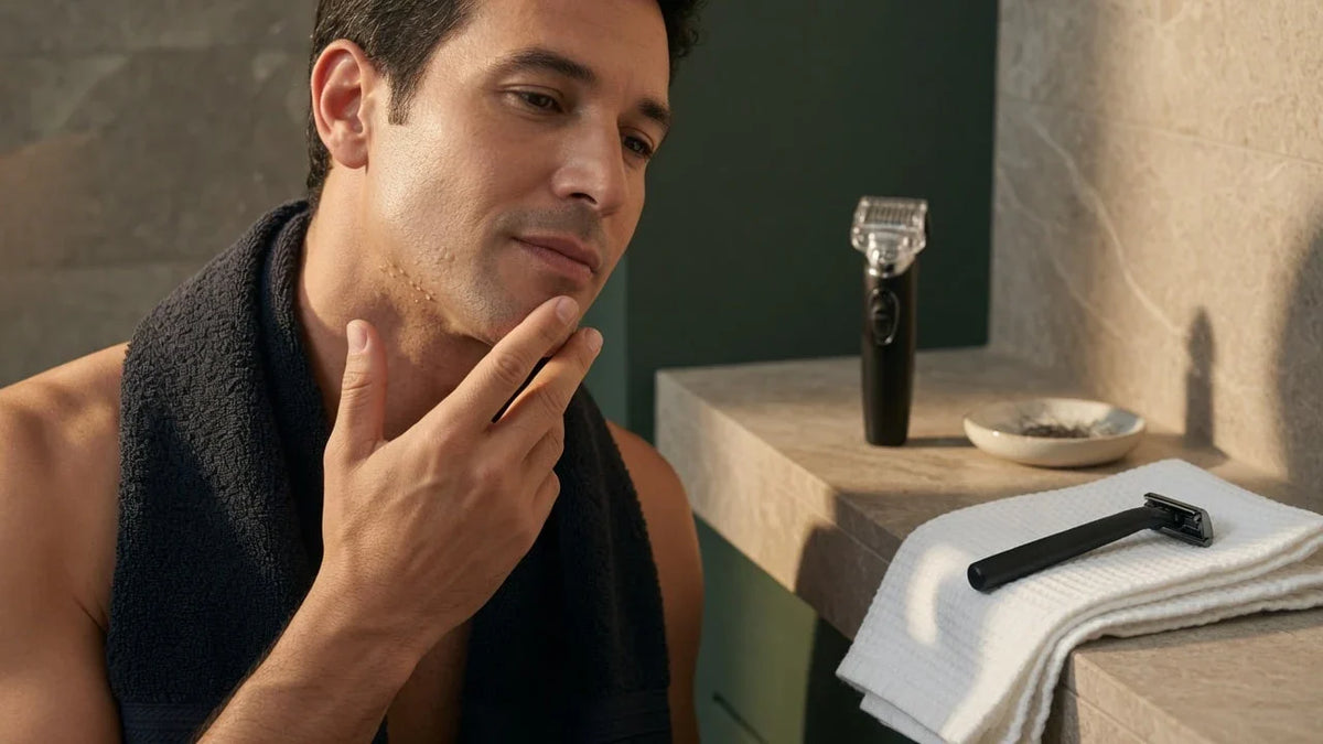 Clean-shaven adult man checking his natural jawline while razor and guarded trimmer options rest on the counter