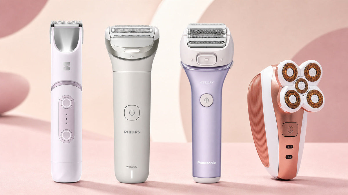 LADYSPOT SpinDuo, Philips Lady Shaver Series 8000, Panasonic four-blade shaver, and RoseSkinCo 4D Shaver compared side by side