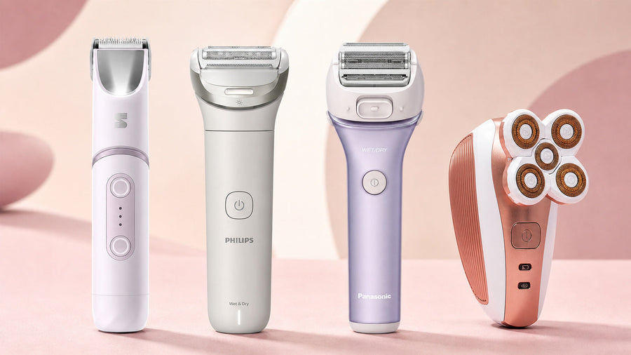 LADYSPOT SpinDuo, Philips Lady Shaver Series 8000, Panasonic four-blade shaver, and RoseSkinCo 4D Shaver compared side by side