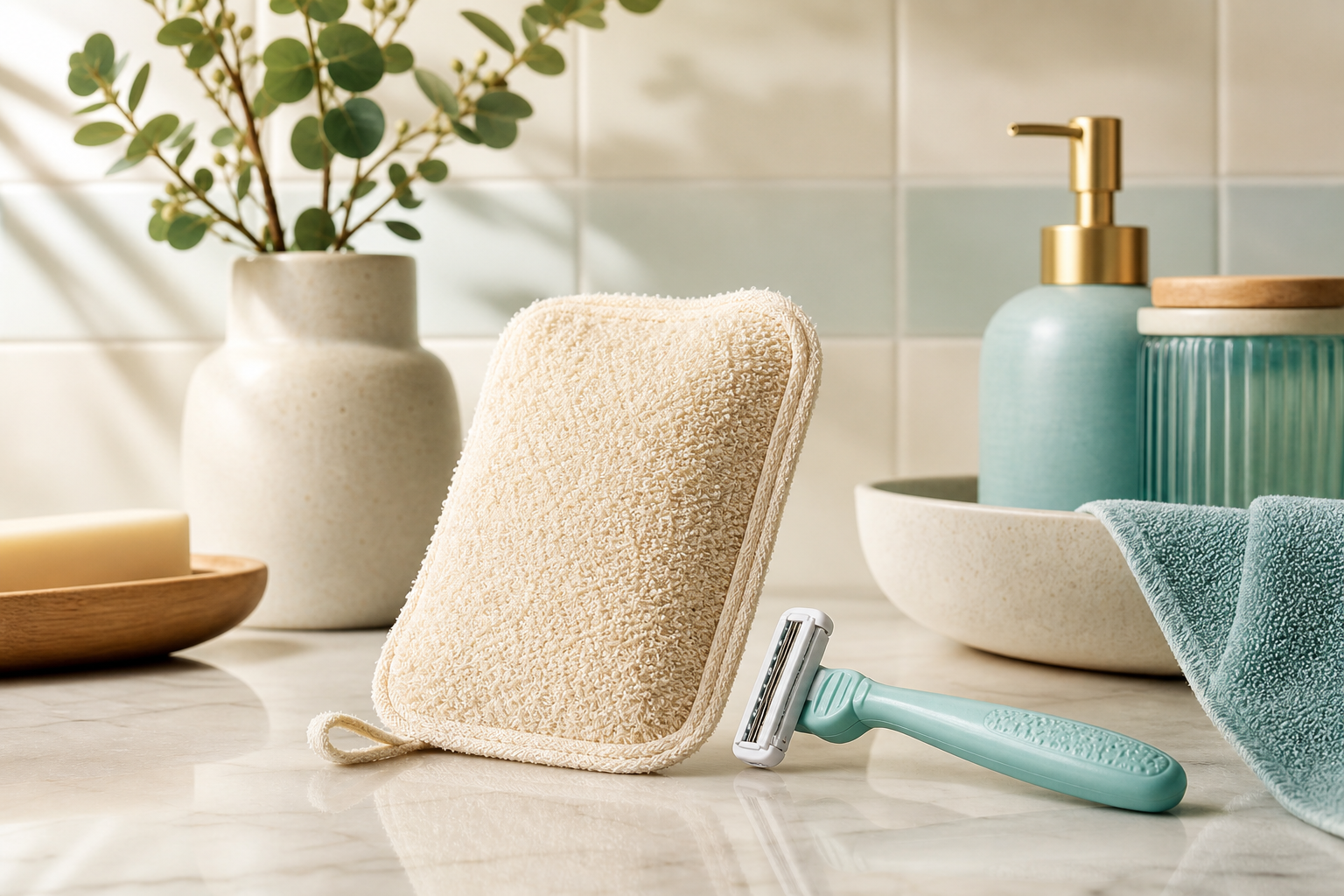 Gentle exfoliation sponge and razor on a bathroom counter for a safe shave prep routine