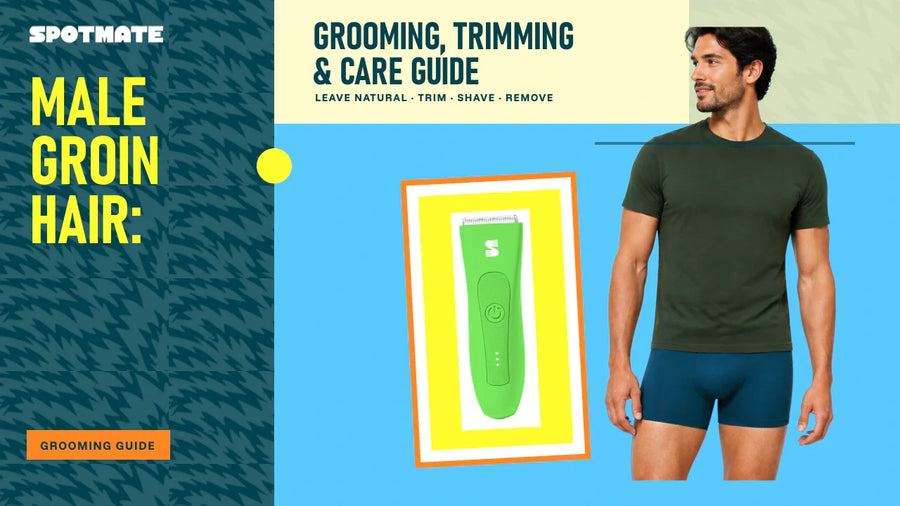 Adult man beside a green MANSPOT trimmer on a blue and teal grooming guide cover