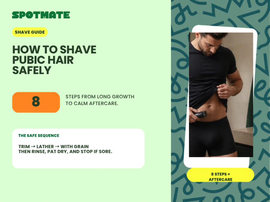 SPOTMATE eight-step guide to trimming long pubic hair, shaving with the grain, and aftercare