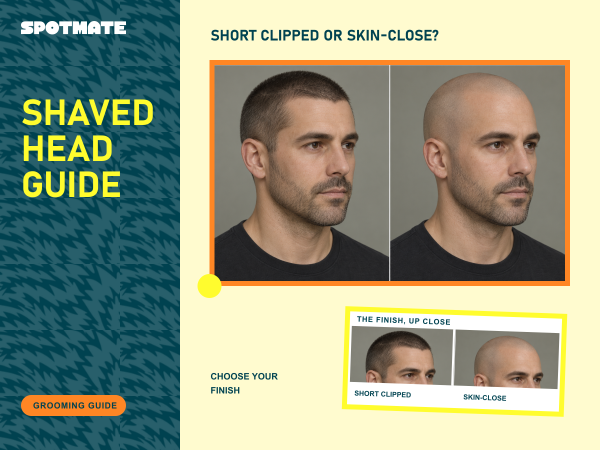 SPOTMATE editorial collage illustrating short clipped and skin-close shaved head finishes