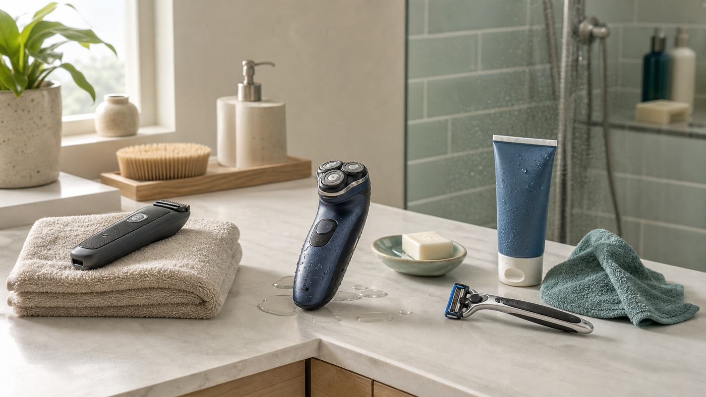 Dry electric shaver, wet/dry shaver and manual razor arranged for before-or-after-shower grooming choices