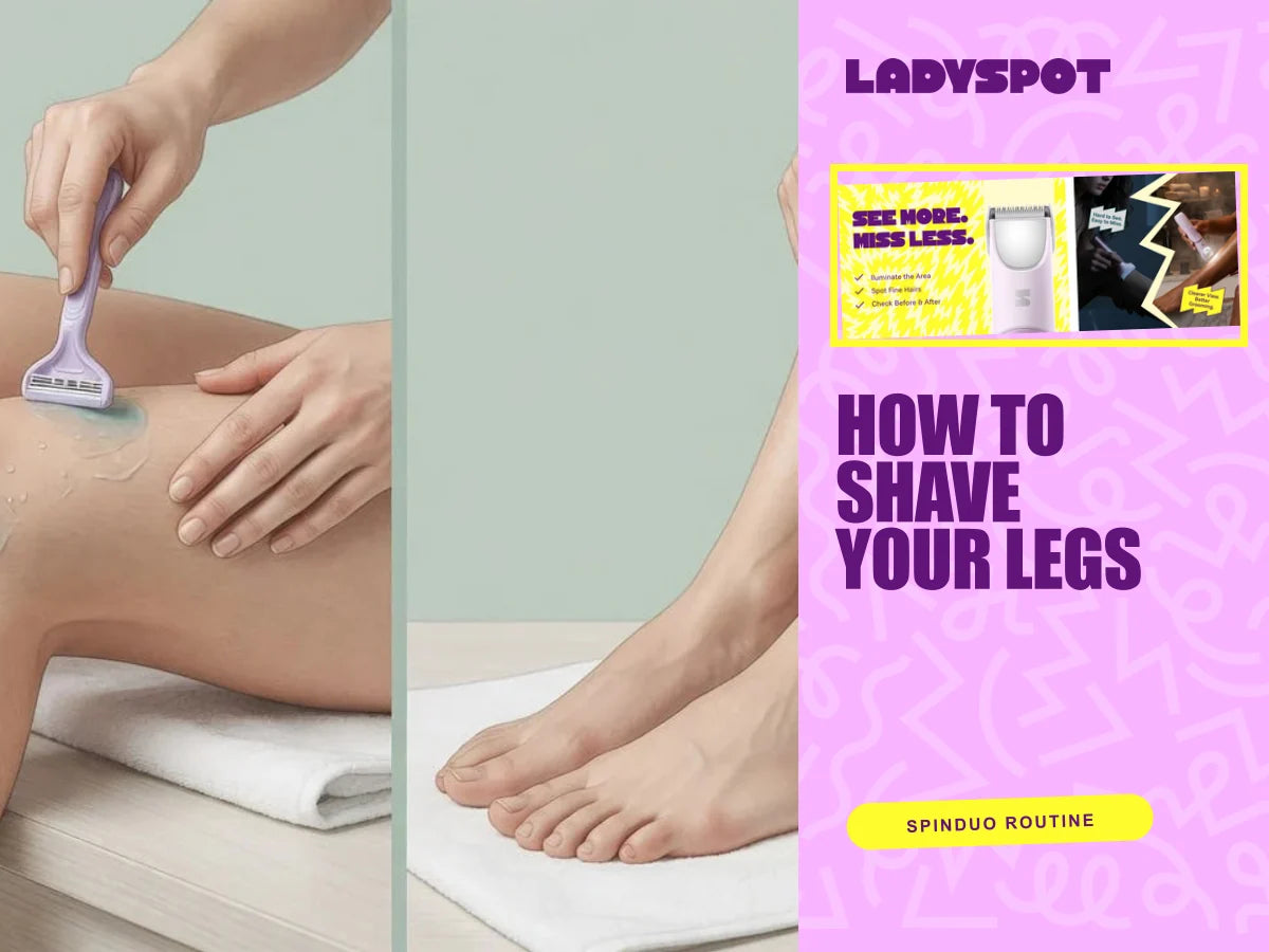 Woman shaving her legs with a step-by-step LADYSPOT SpinDuo grooming guide