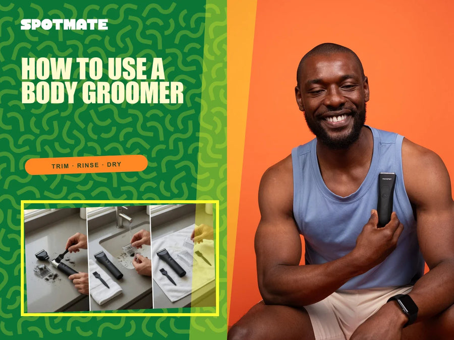 Man using and cleaning a SPOTMATE body groomer in a step-by-step guide