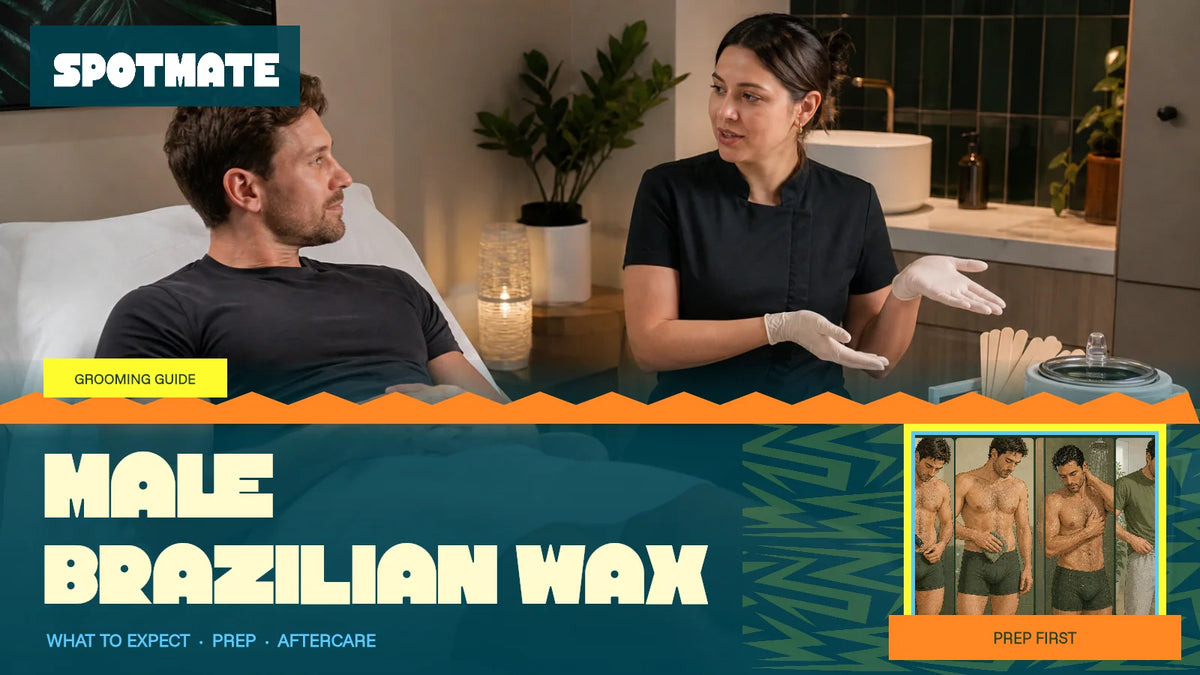 Male Brazilian wax consultation scene with a four-step pre-wax preparation inset