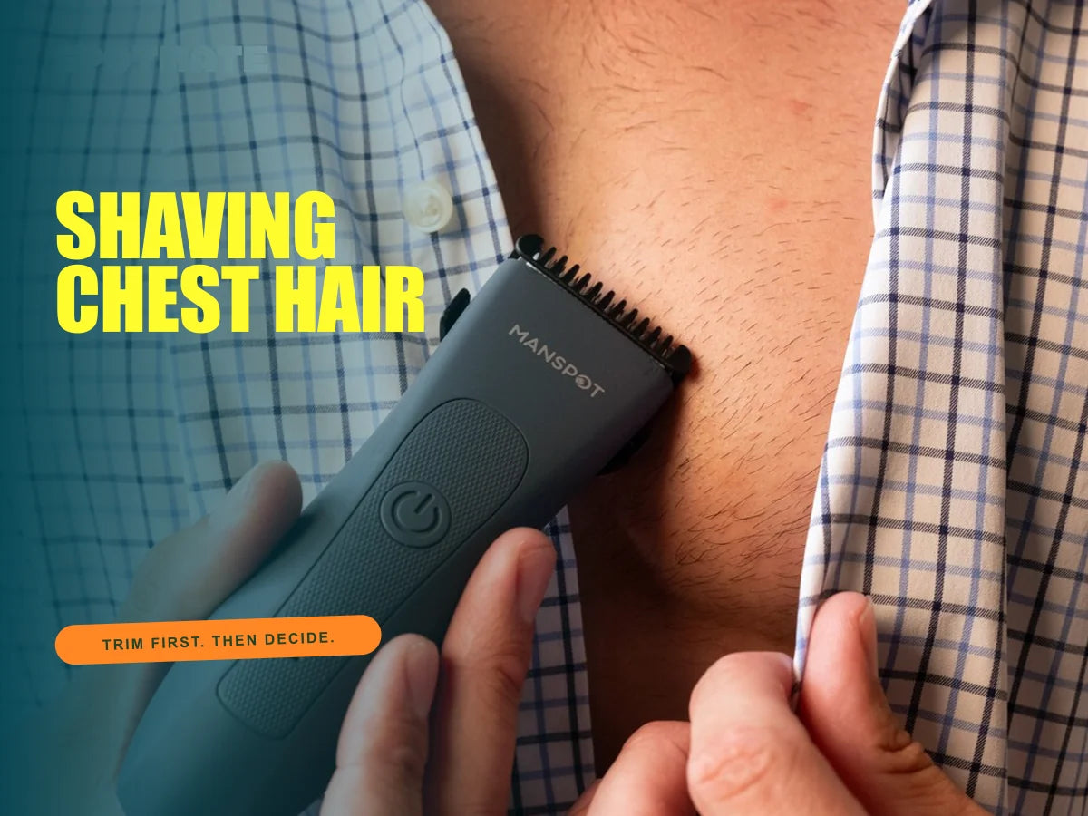 Man trimming chest hair with a SPOTMATE body groomer in a bathroom scene