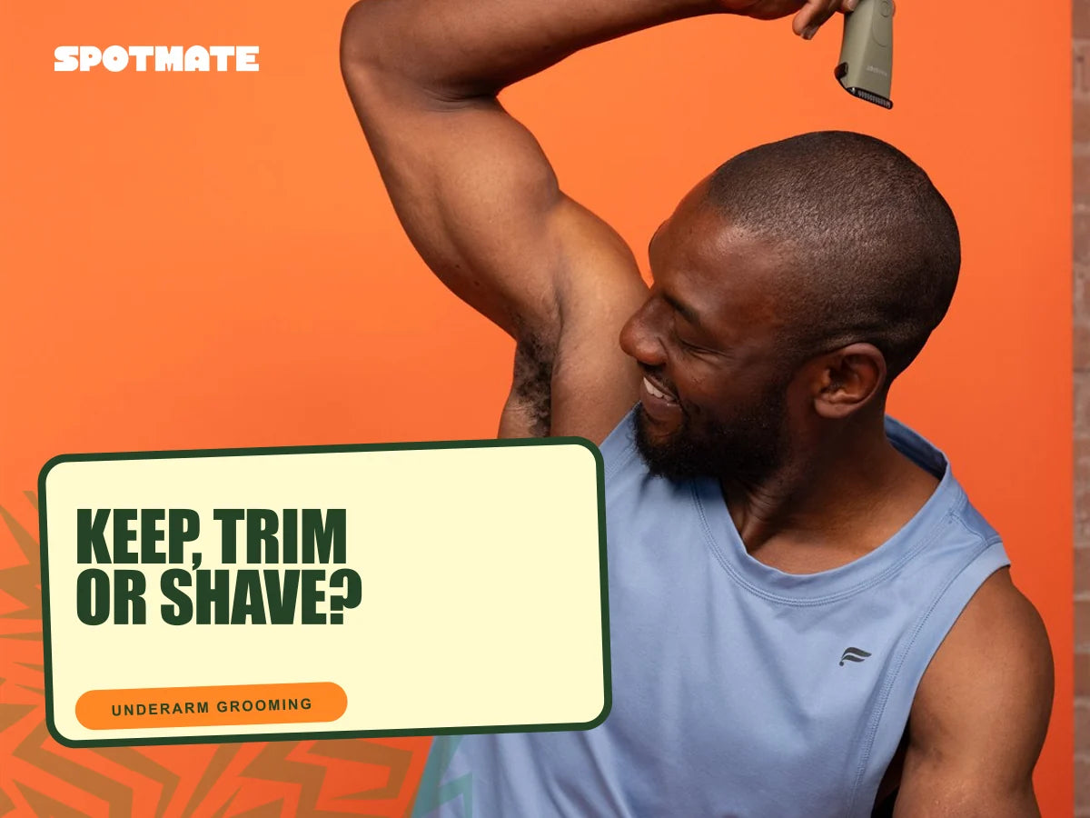Man grooming his underarm with options to keep, trim, or shave underarm hair