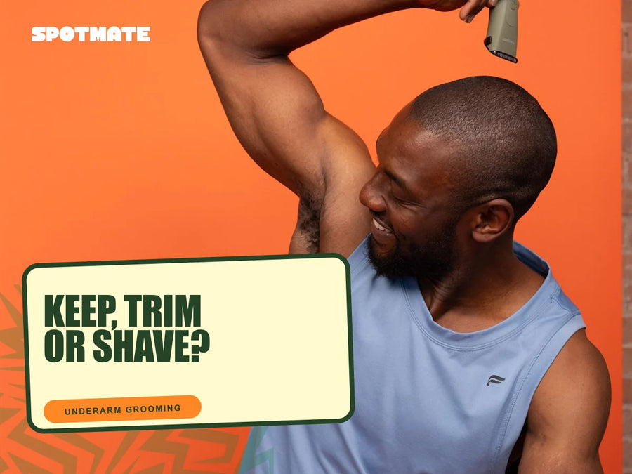 Man grooming his underarm with options to keep, trim, or shave underarm hair