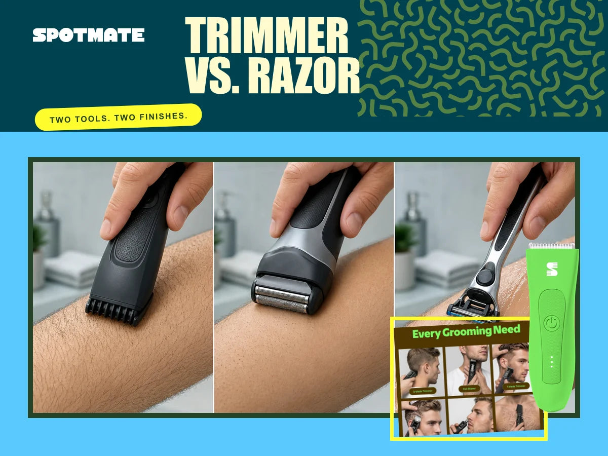 Trimmer versus razor comparison for face and body with SPOTMATE grooming tools