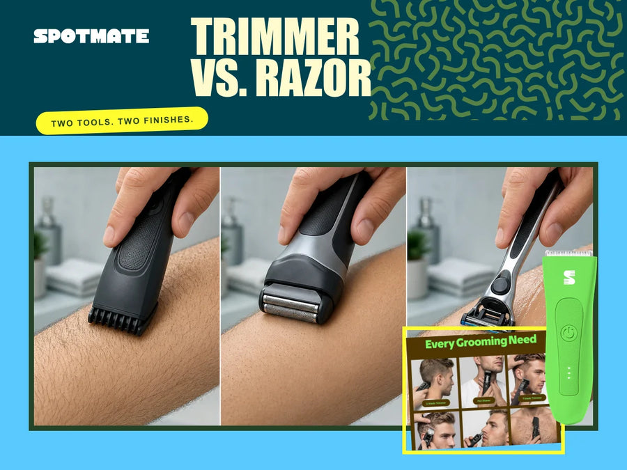 Trimmer versus razor comparison for face and body with SPOTMATE grooming tools