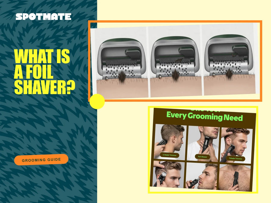SPOTMATE foil shaver guide with foil-head close-up and men's grooming kit