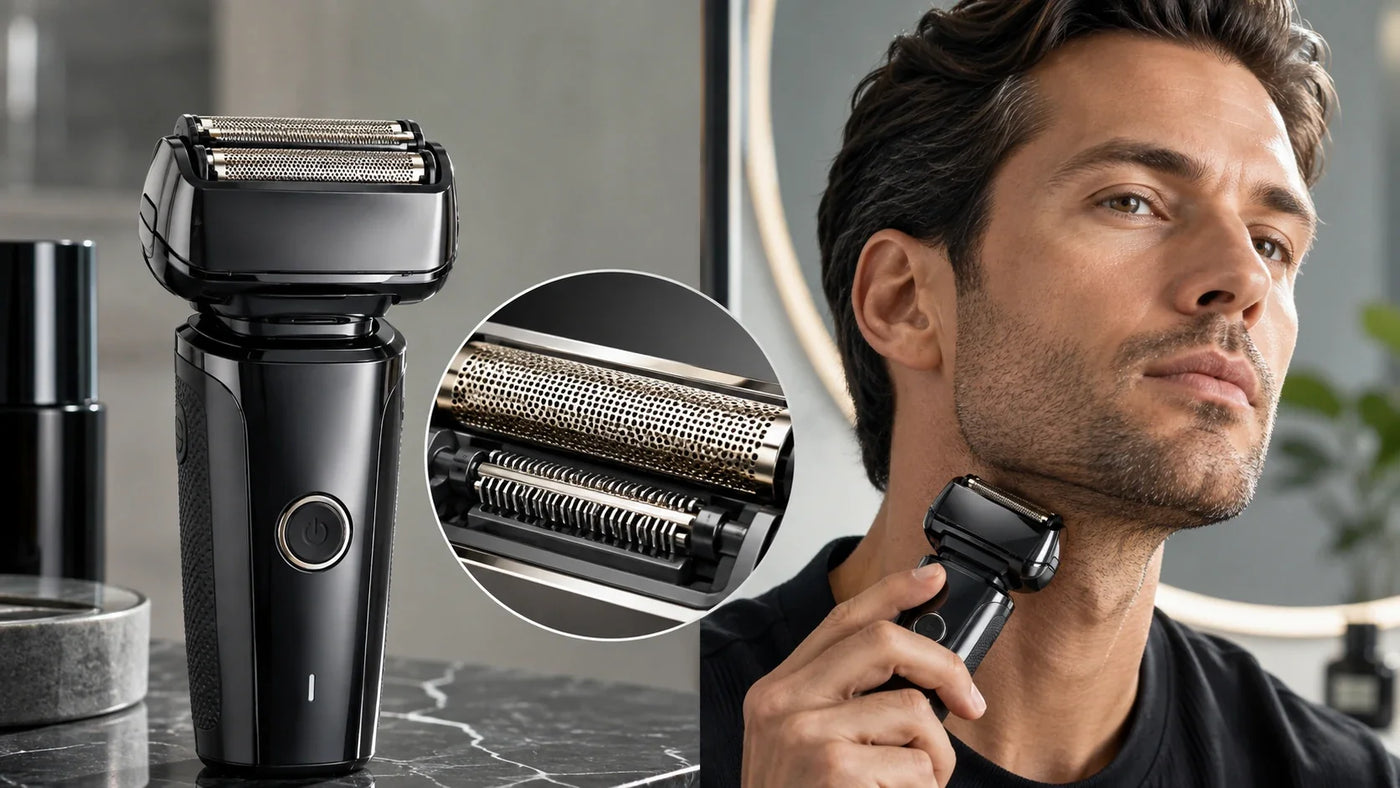 Foil shaver showing perforated foil head and cutting mechanism while shaving the jawline