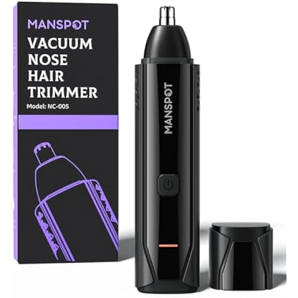 MANSPOT NC-005 vacuum nose hair trimmer with protective cap and original packaging, front view