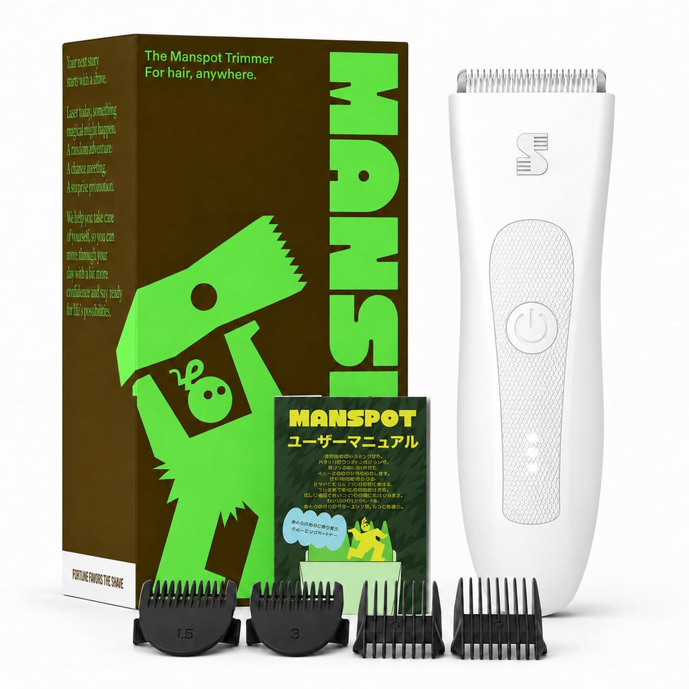 MANSPOT HC-W003A body trimmer with four guide combs and Japan packaging, front view 