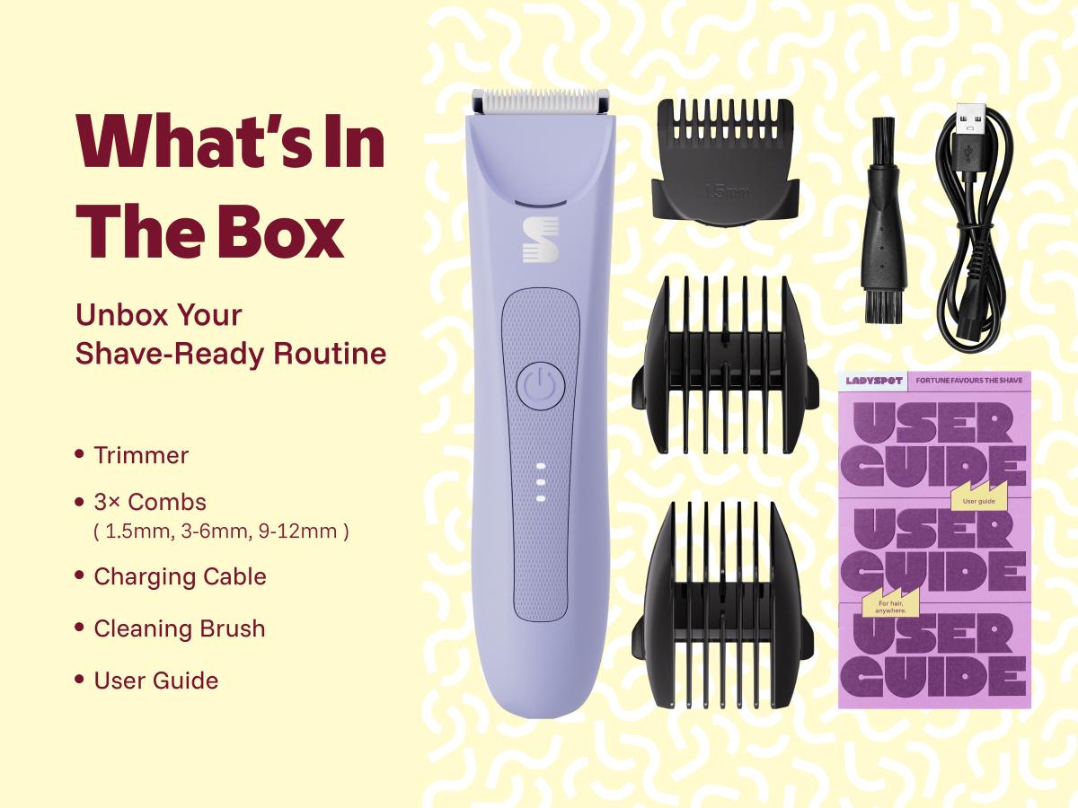LADYSPOT Slim purple trimmer box contents and three guide comb lengths 