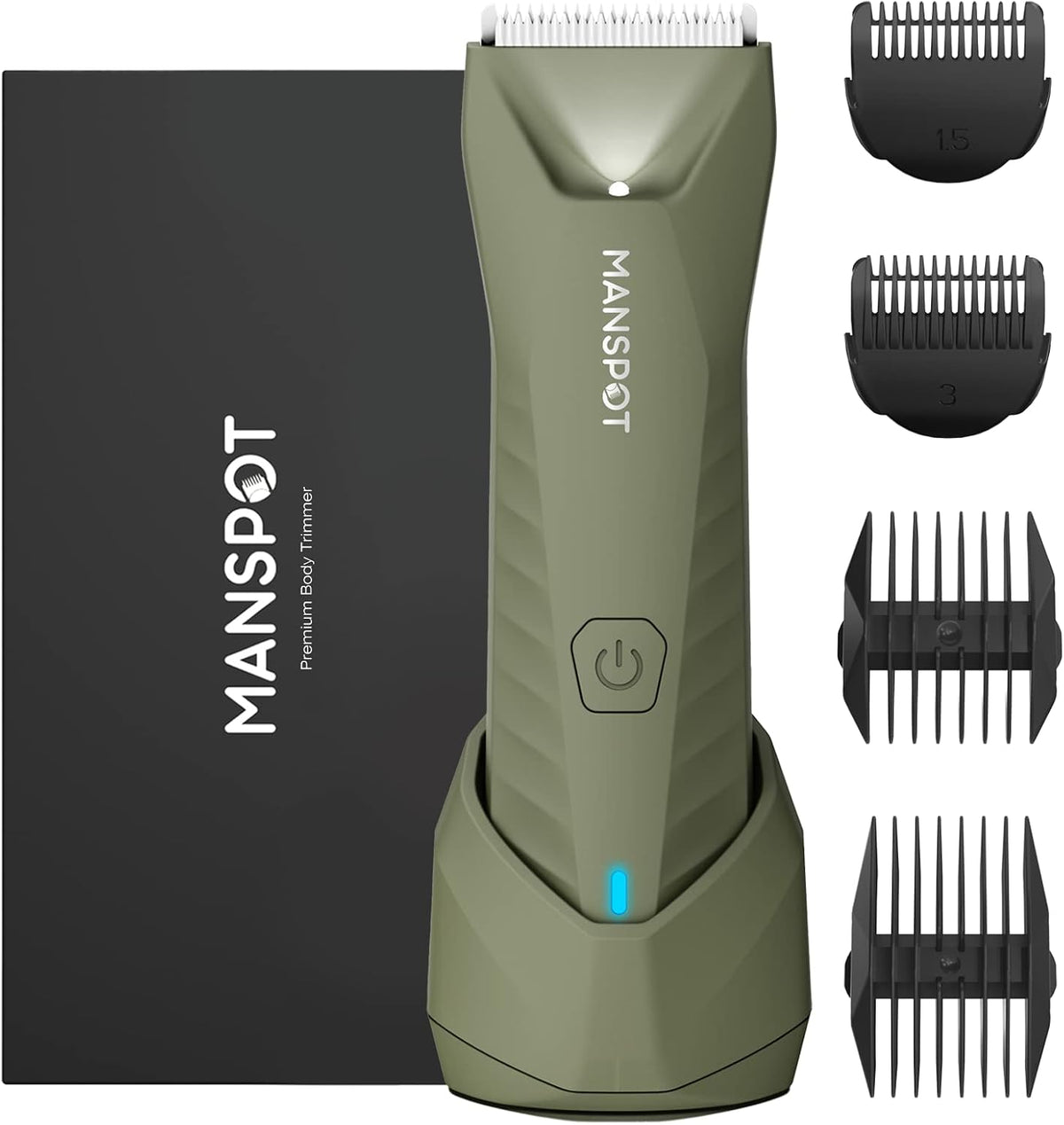 MANSPOT HC-W017 metallic green body trimmer front view with MANSPOT packaging and guide combs 
