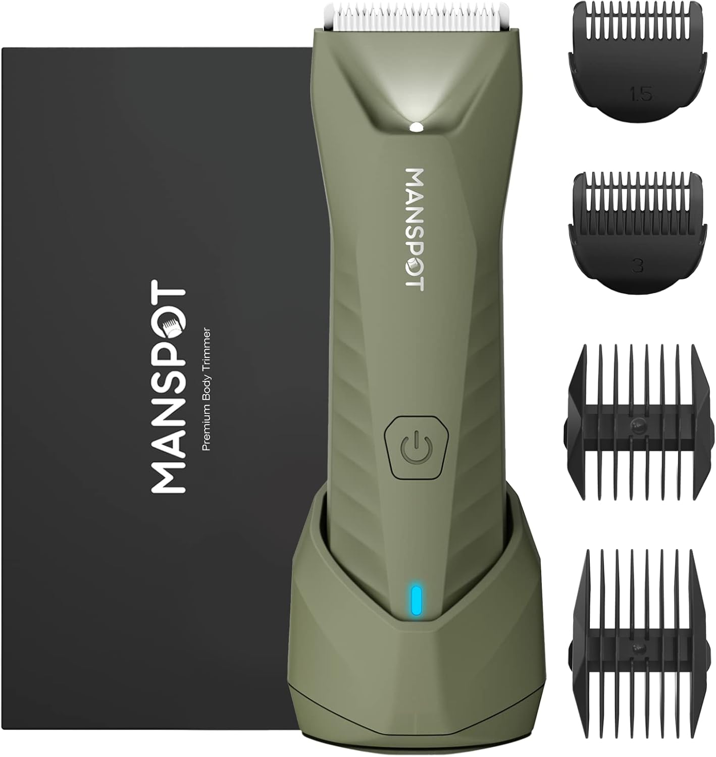 SPOTMATE LED body and groin trimmer with charging dock front view 