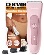 LADYSPOT HC-W003A pink body trimmer with previous packaging and guide combs, front view 