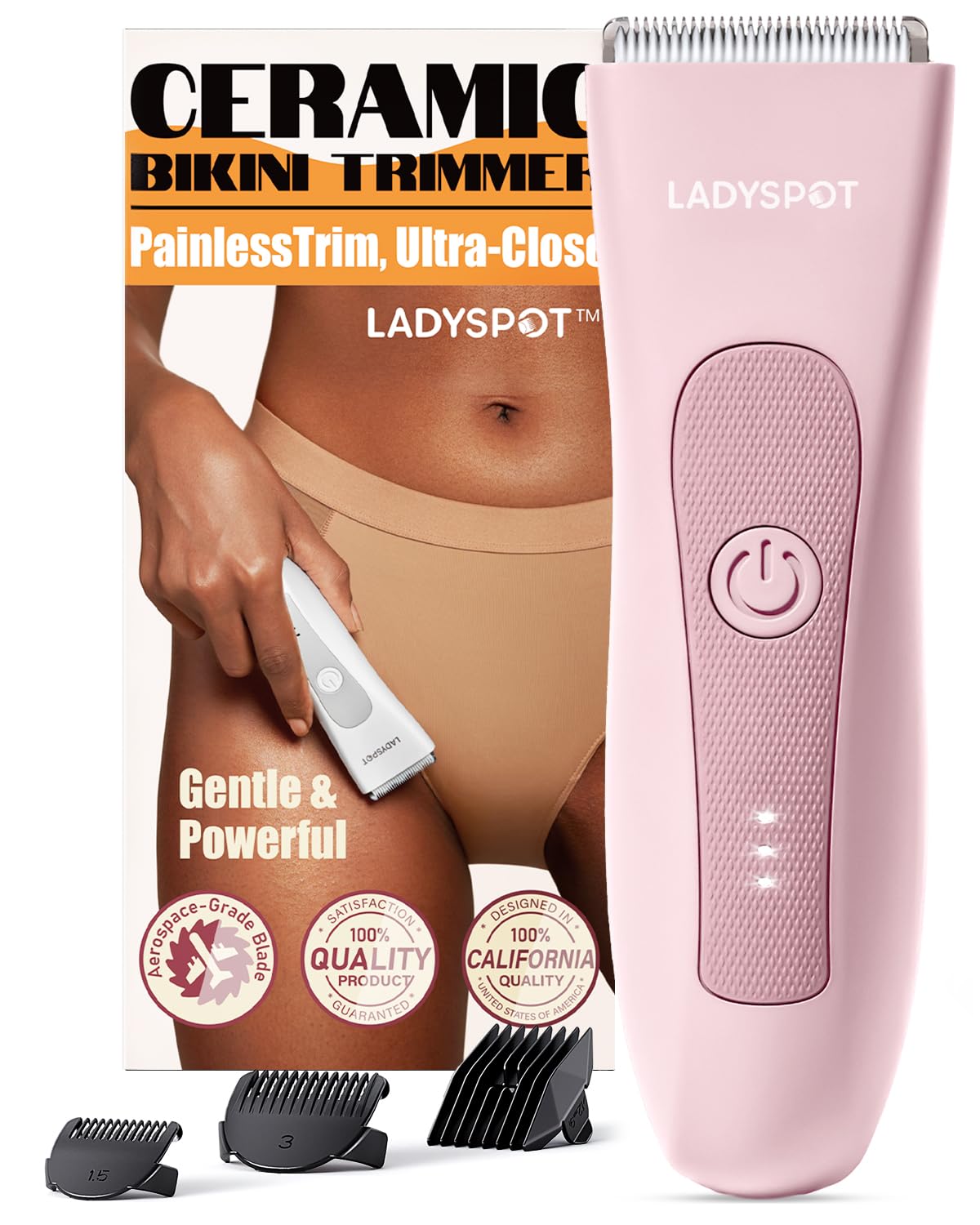 LADYSPOT HC-W003A pink body trimmer with previous packaging and guide combs, front view