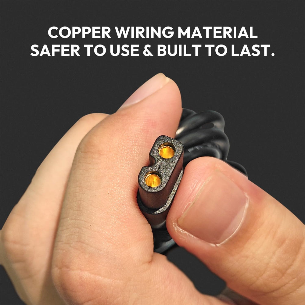HC-W003A B-port charger cable copper wiring and two-prong plug close-up