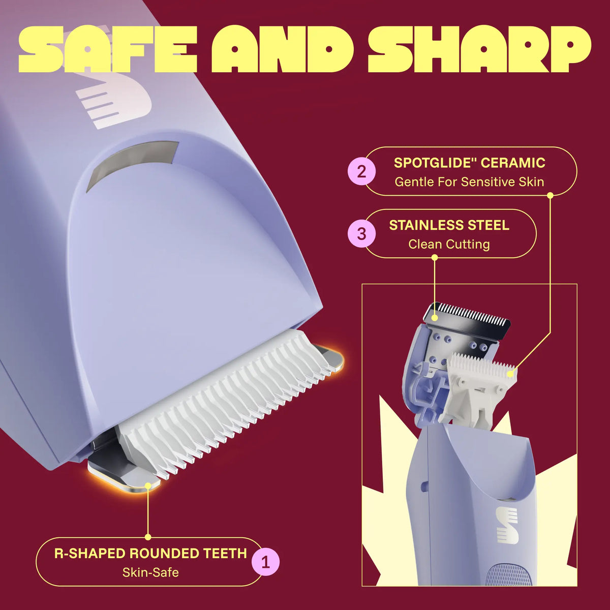 LADYSPOT Slim purple trimmer SpotGlide ceramic blade and rounded stainless-steel teeth 