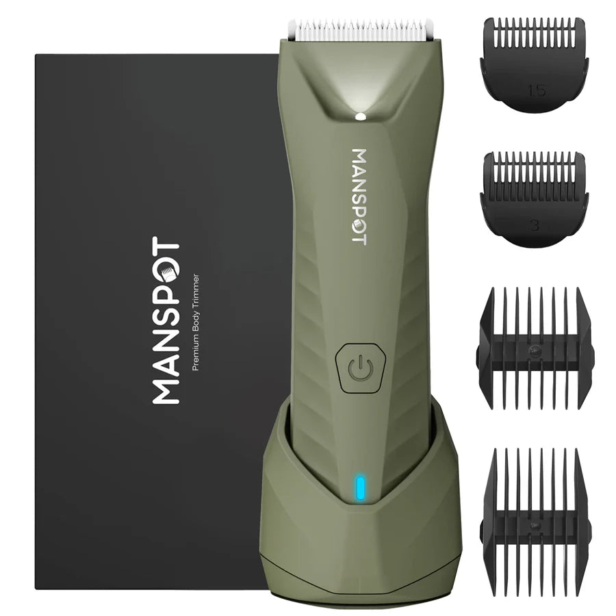 MANSPOT HC-W017 metallic green body trimmer with packaging and guide combs 