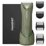 MANSPOT HC-W017 metallic green body trimmer with packaging and guide combs 