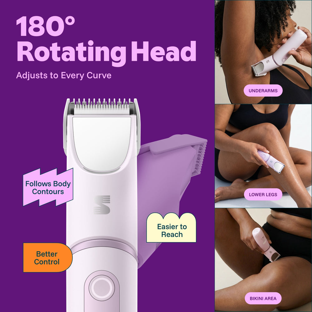 SpinDuo 180 degree rotating trimmer head for underarms legs and external bikini area