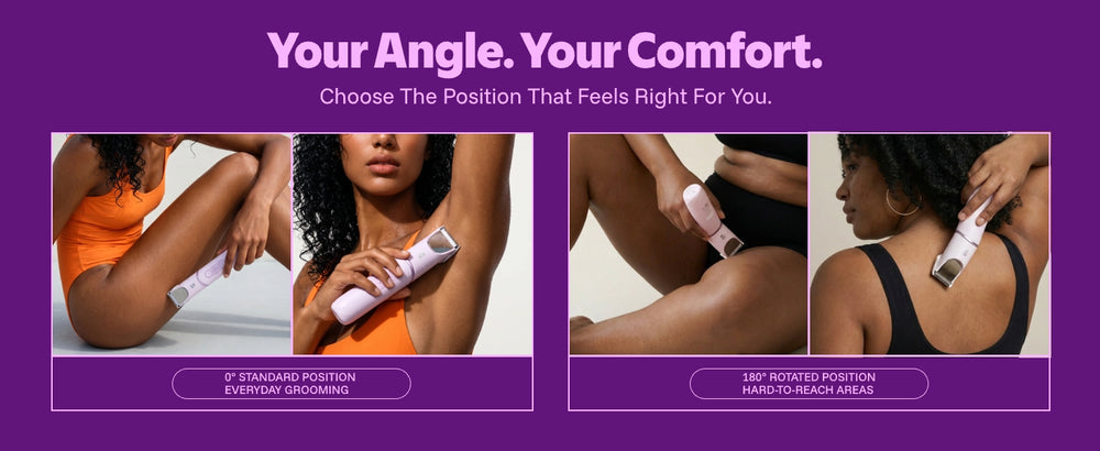 LADYSPOT SpinDuo electric bikini trimmer shown at 0 and 180 degree angles for different body areas