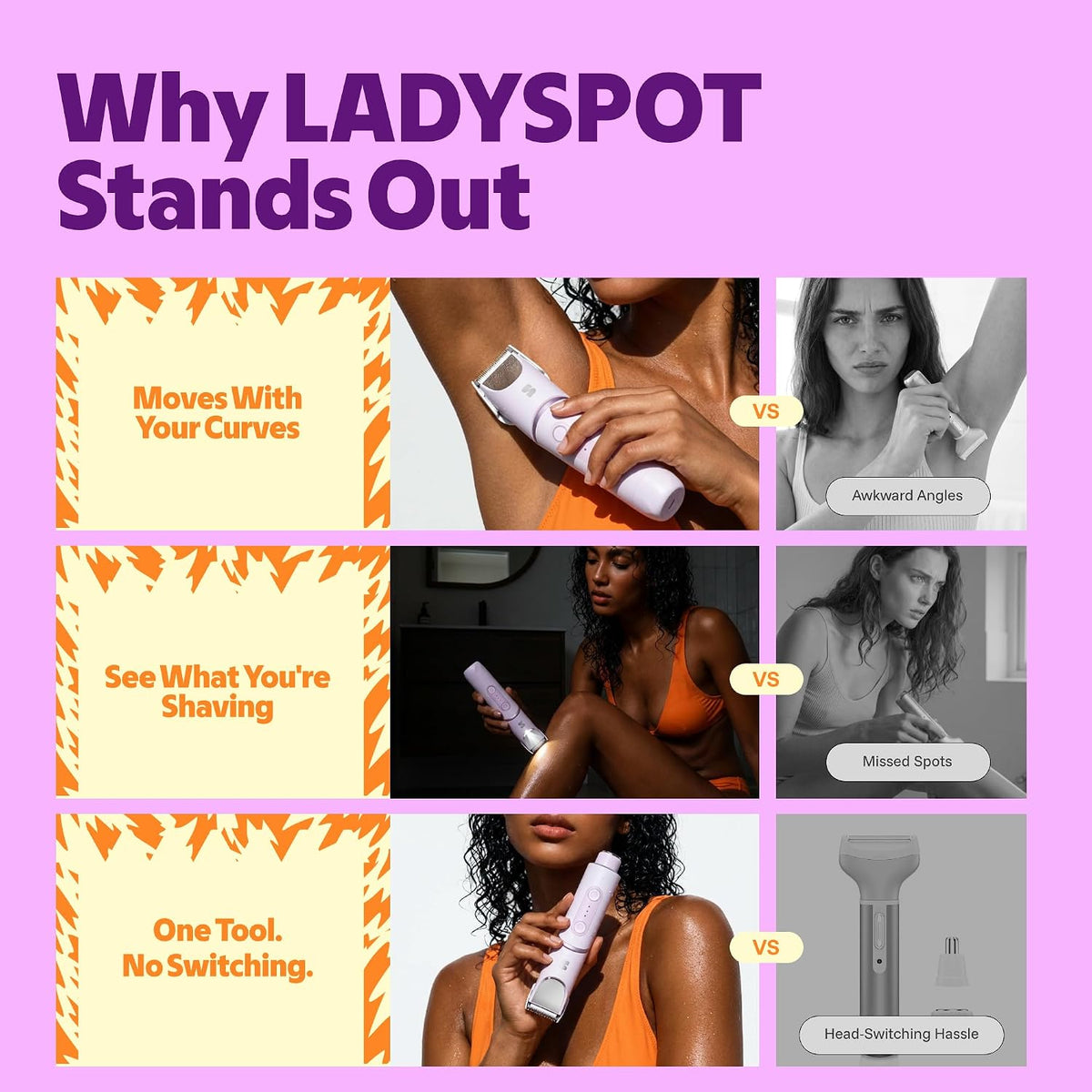 LADYSPOT SpinDuo two-head electric bikini trimmer compared with fixed-angle grooming tools