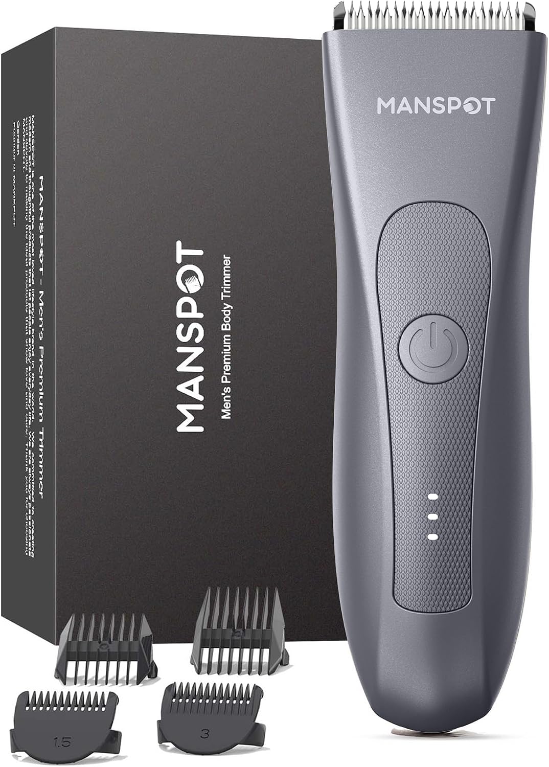 MANSPOT HC-W003A metallic gray body trimmer front view with black MANSPOT packaging and guide combs 