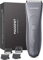 MANSPOT HC-W003A metallic gray body trimmer front view with black MANSPOT packaging and guide combs 