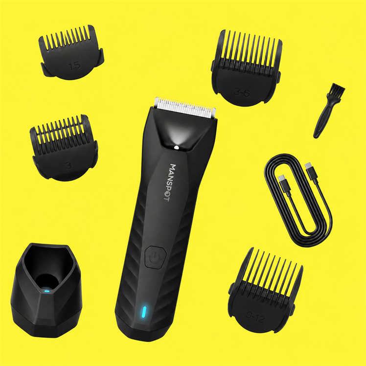 MANSPOT HC-W017 trimmer kit with charging dock, four combs, cable and cleaning brush