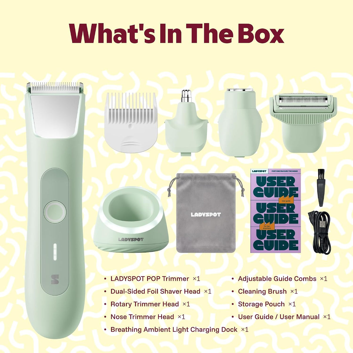 LADYSPOT green 4-in-1 bikini trimmer for women kit contents charging stand 