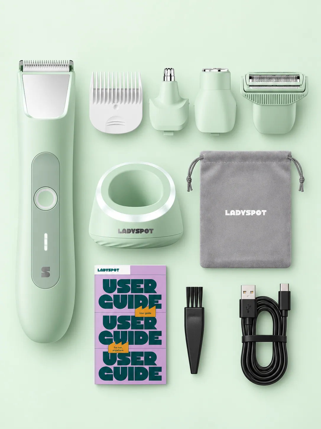 LADYSPOT POP 4-in-1 trimmer with comb, heads, charging dock, pouch, user guide, brush and cable
