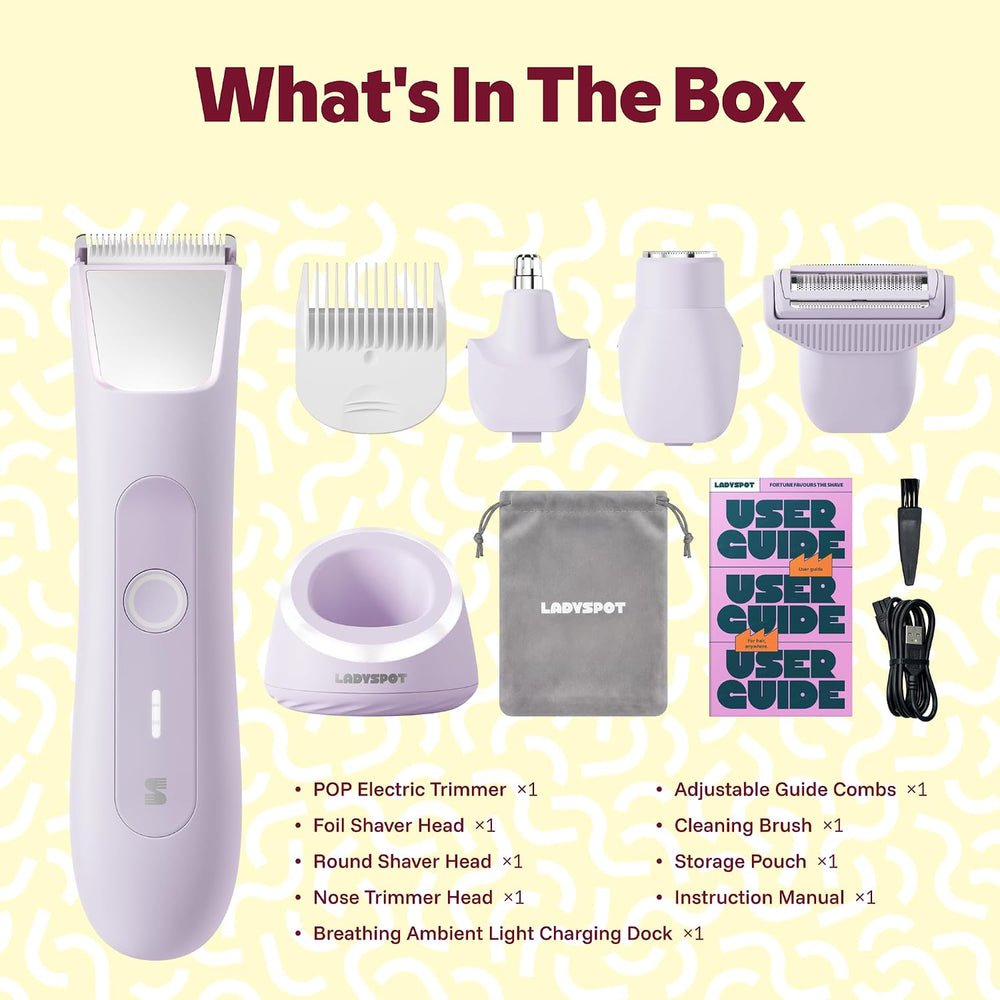 LADYSPOT purple 4-in-1 bikini trimmer for women kit contents charging stand 