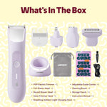 LADYSPOT purple 4-in-1 bikini trimmer for women kit contents charging stand 