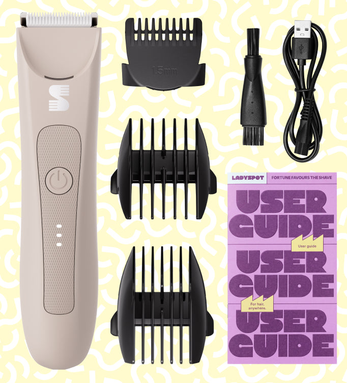 LADYSPOT Slim trimmer, three guide combs, charging cable, cleaning brush and user guide