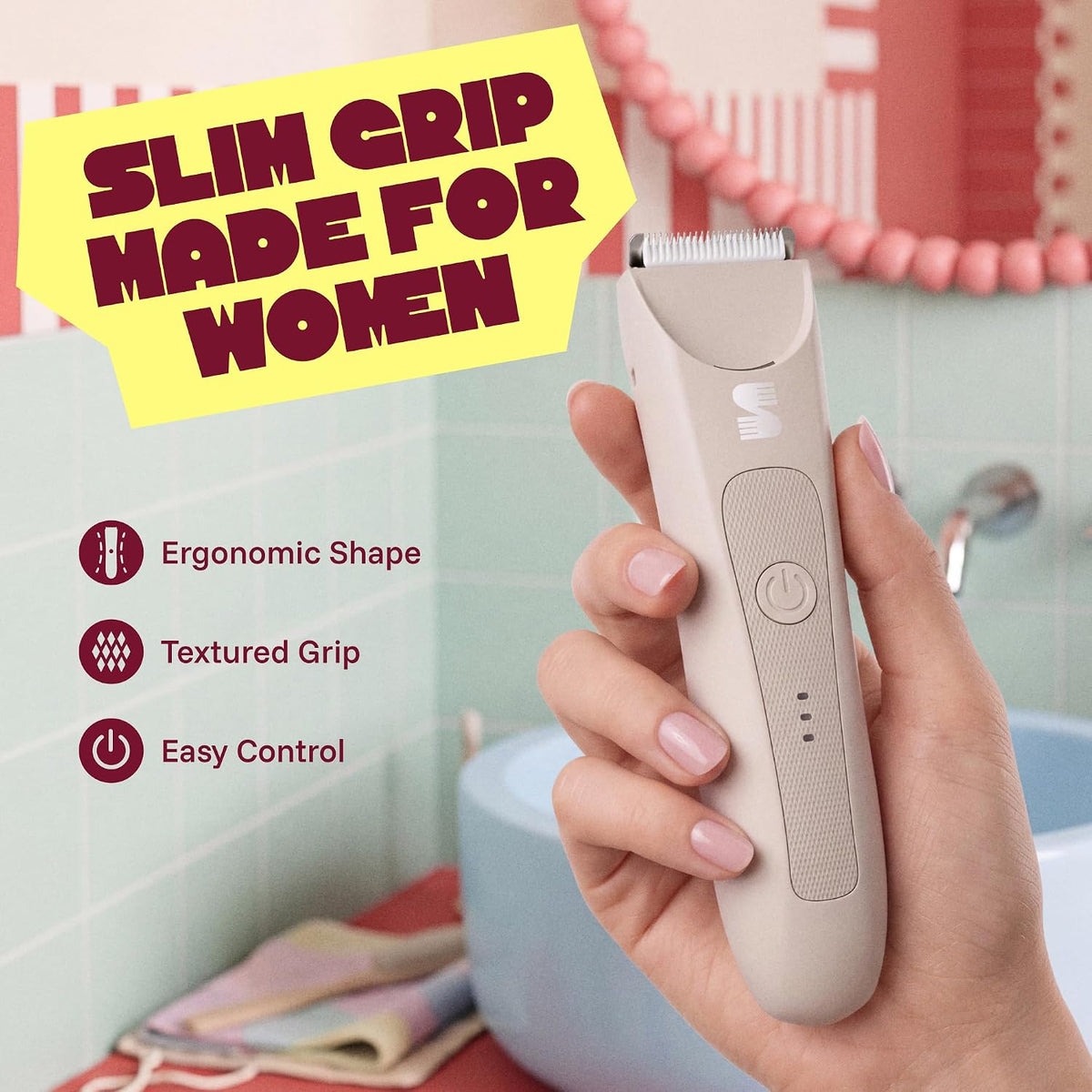 Hand holding the slender LADYSPOT Slim trimmer emphasizing the side textured grip panels. hover