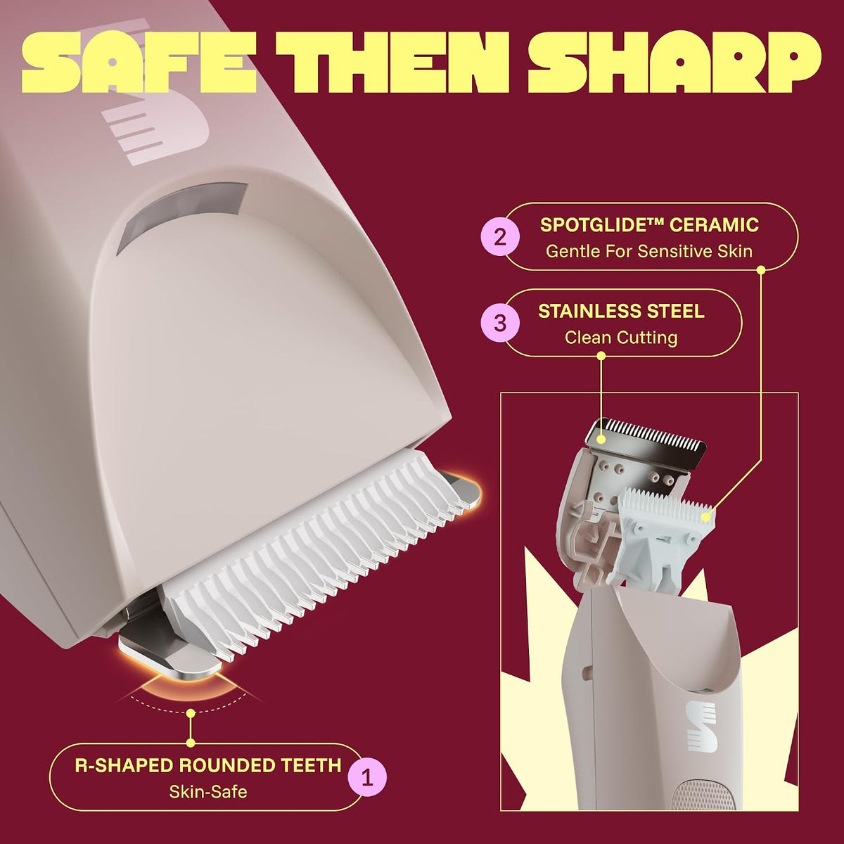 Detailed view of the trimmer head highlighting the white SpotGlide ceramic moving blade and rounded stainless-steel fixed teeth. 