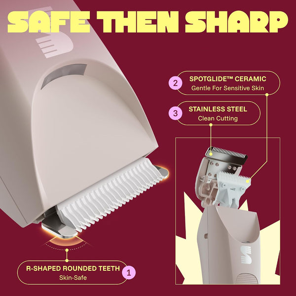 Detailed view of the trimmer head highlighting the white SpotGlide ceramic moving blade and rounded stainless-steel fixed teeth.
