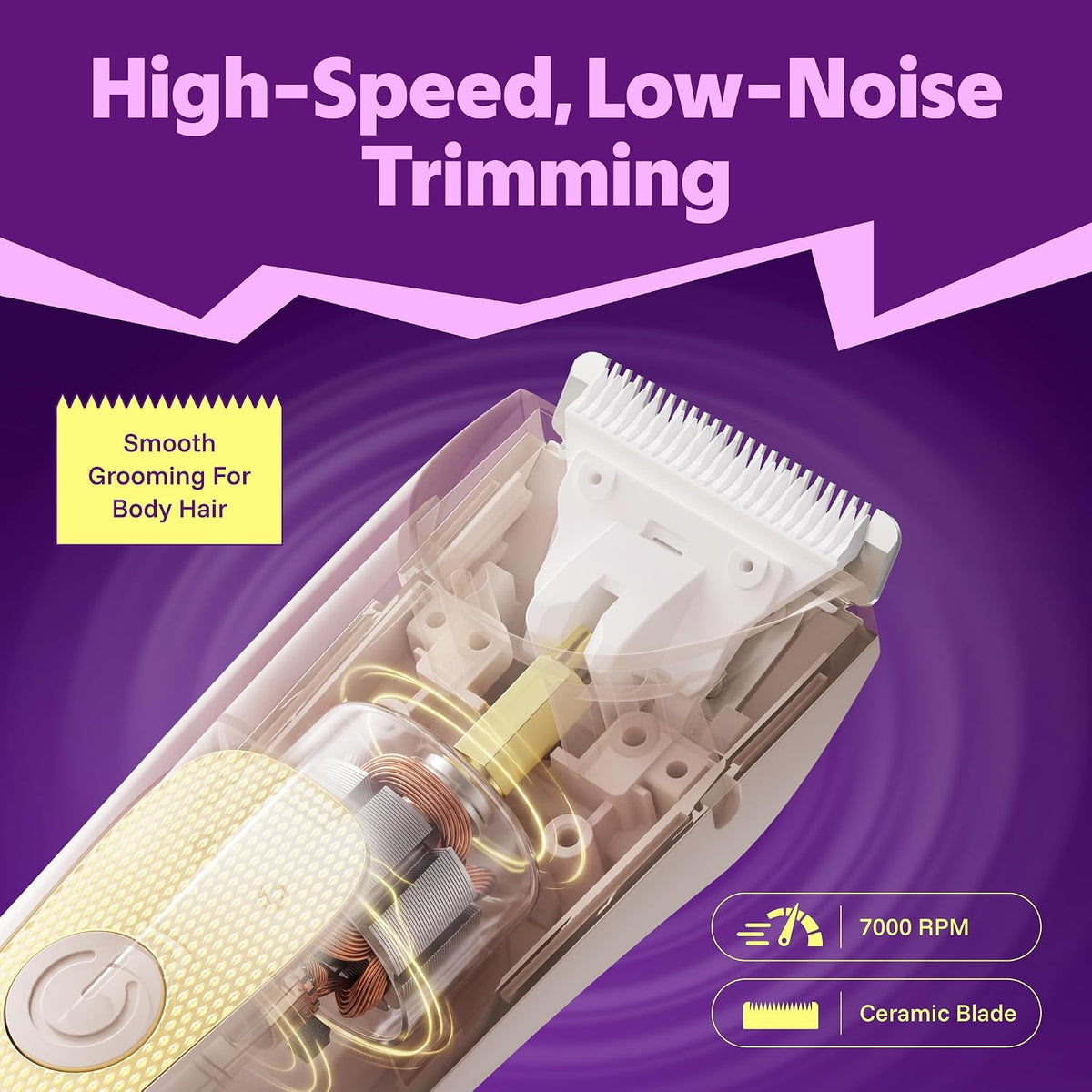 Detailed view of the trimmer head highlighting the white SpotGlide ceramic moving blade and rounded stainless-steel fixed teeth. 