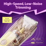 Detailed view of the trimmer head highlighting the white SpotGlide ceramic moving blade and rounded stainless-steel fixed teeth. 