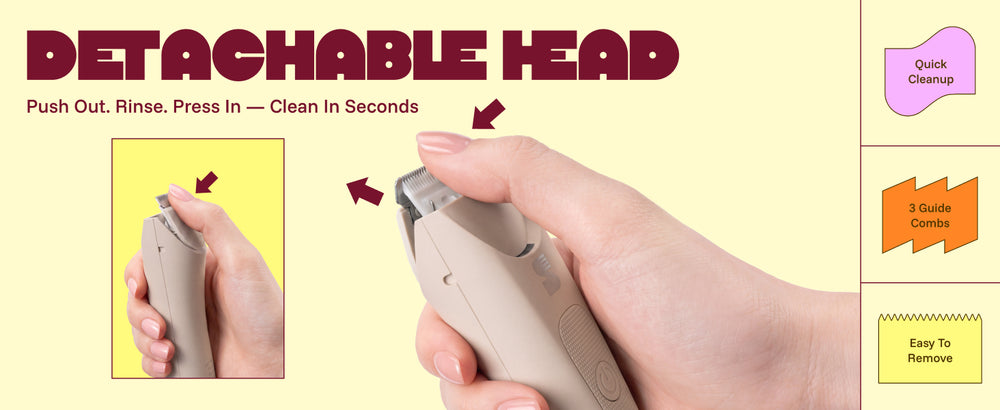 Hand pushing off the removable trimmer head for easy water cleaning 