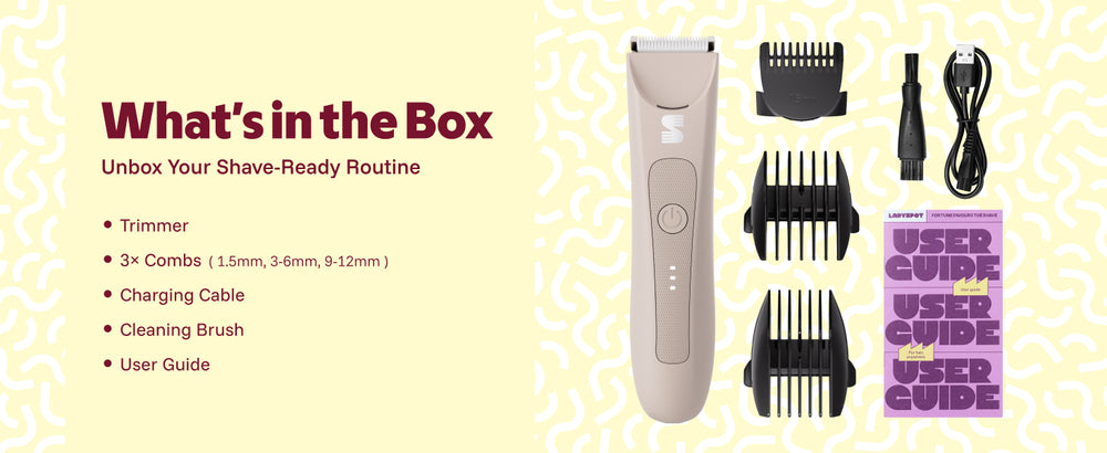 Package contents showing trimmer, three guide combs, charging cable, cleaning brush, and user guide 