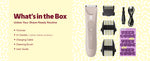 Package contents showing trimmer, three guide combs, charging cable, cleaning brush, and user guide 