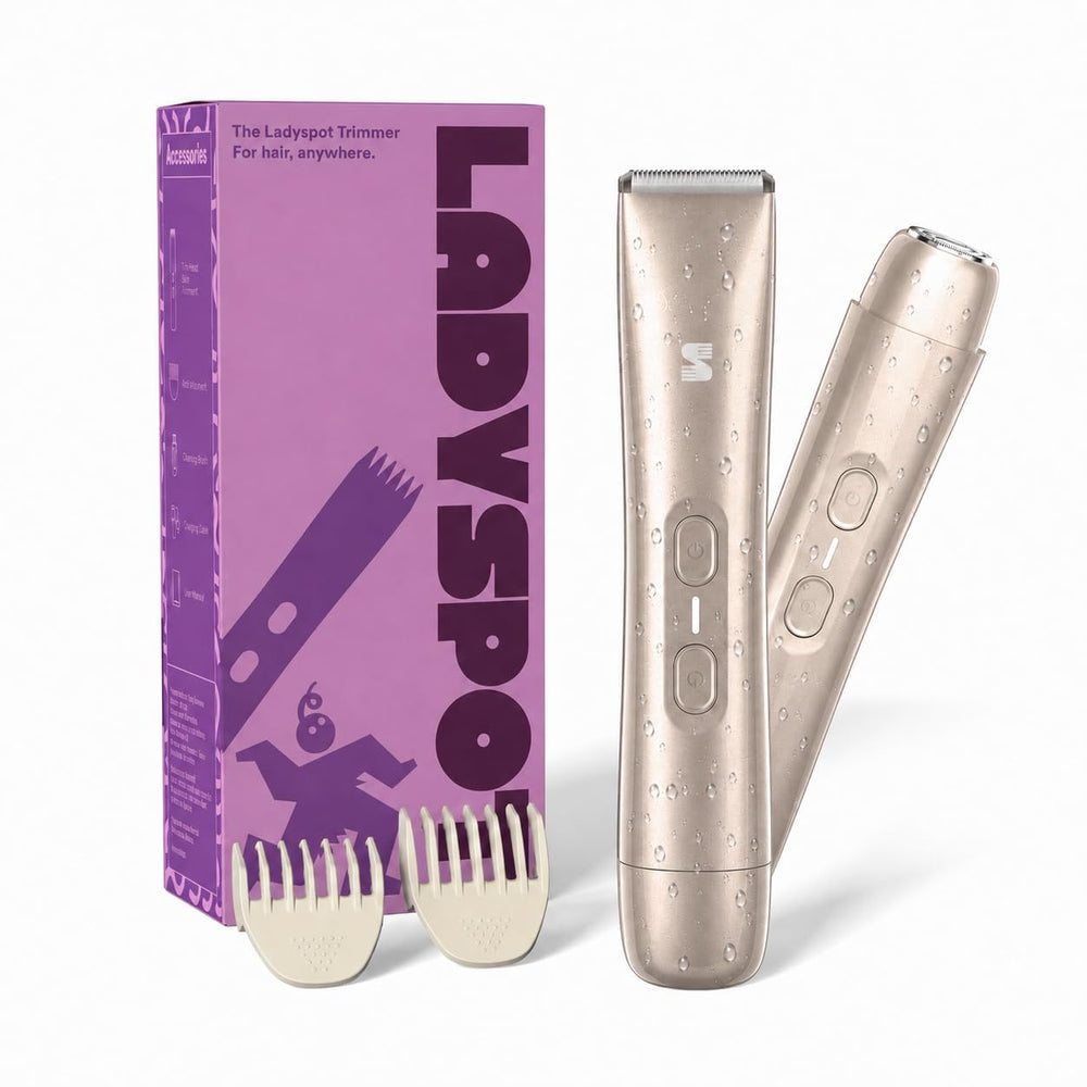 LADYSPOT gold 2-in-1 trimmer with packaging and guide combs front view 