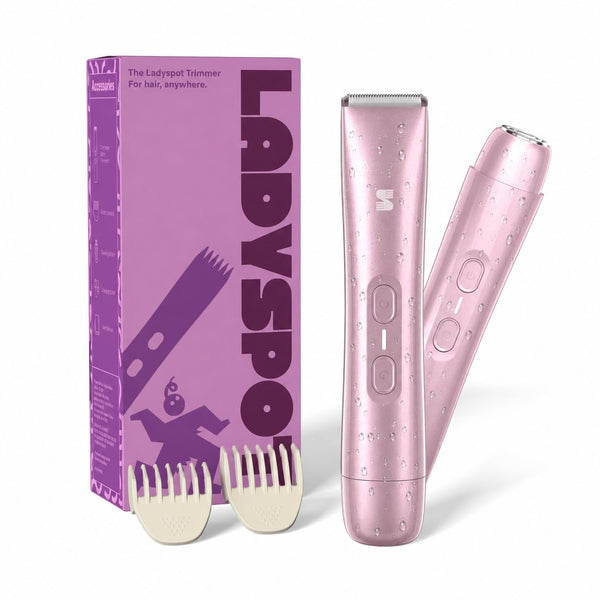 LADYSPOT pink 2-in-1 trimmer with packaging and guide combs front view
